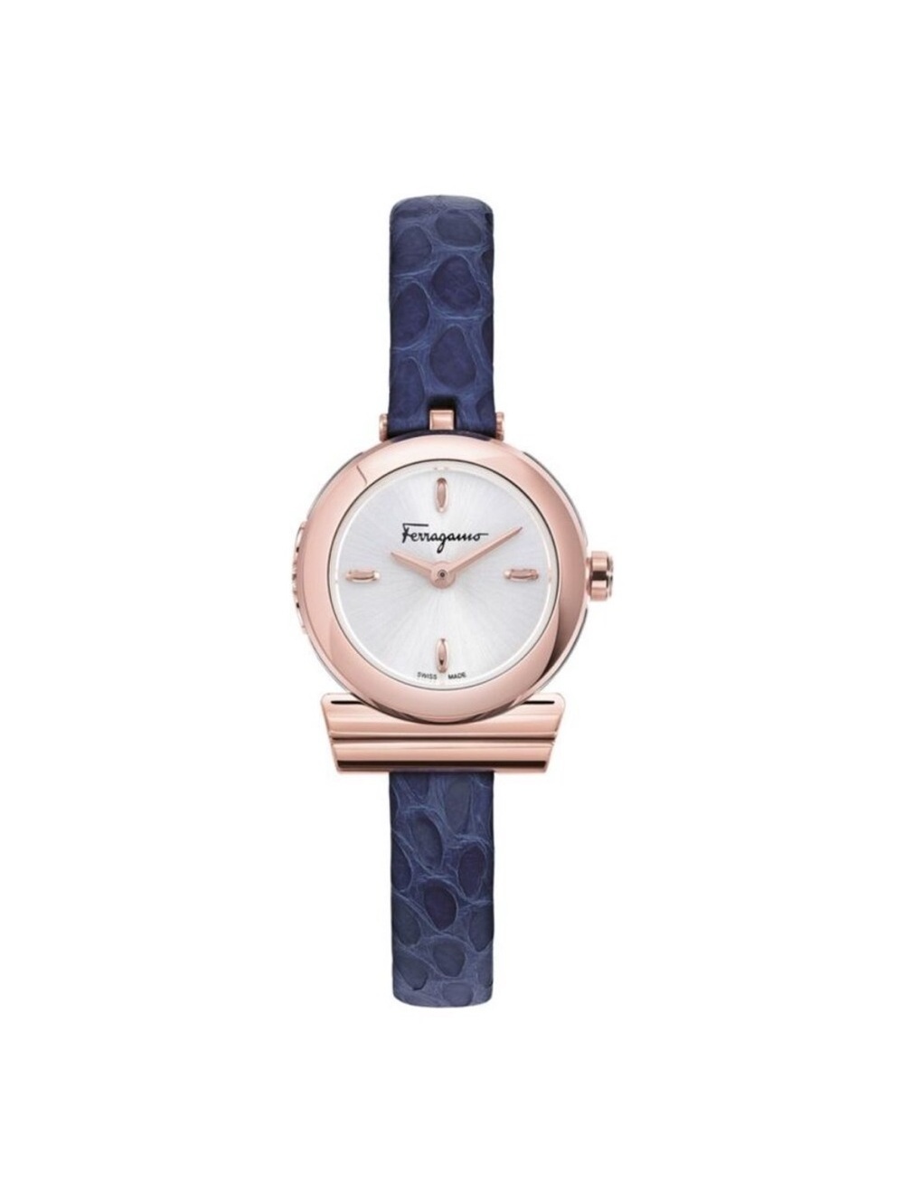 Salvatore Ferragamo Gancino Rose Gold and Blue Leather Women's 23mm Watch NEW